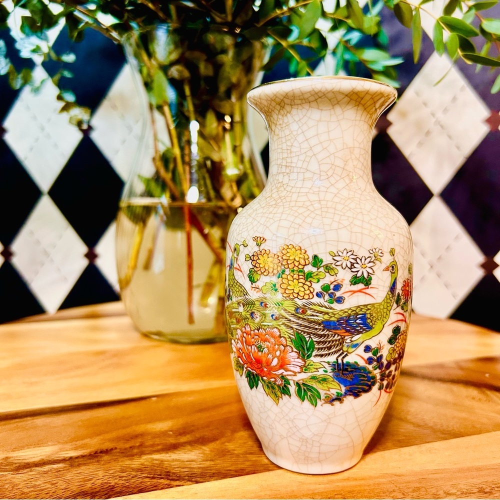 Vintage Japanese Crackle-Glaze Peacock Vase